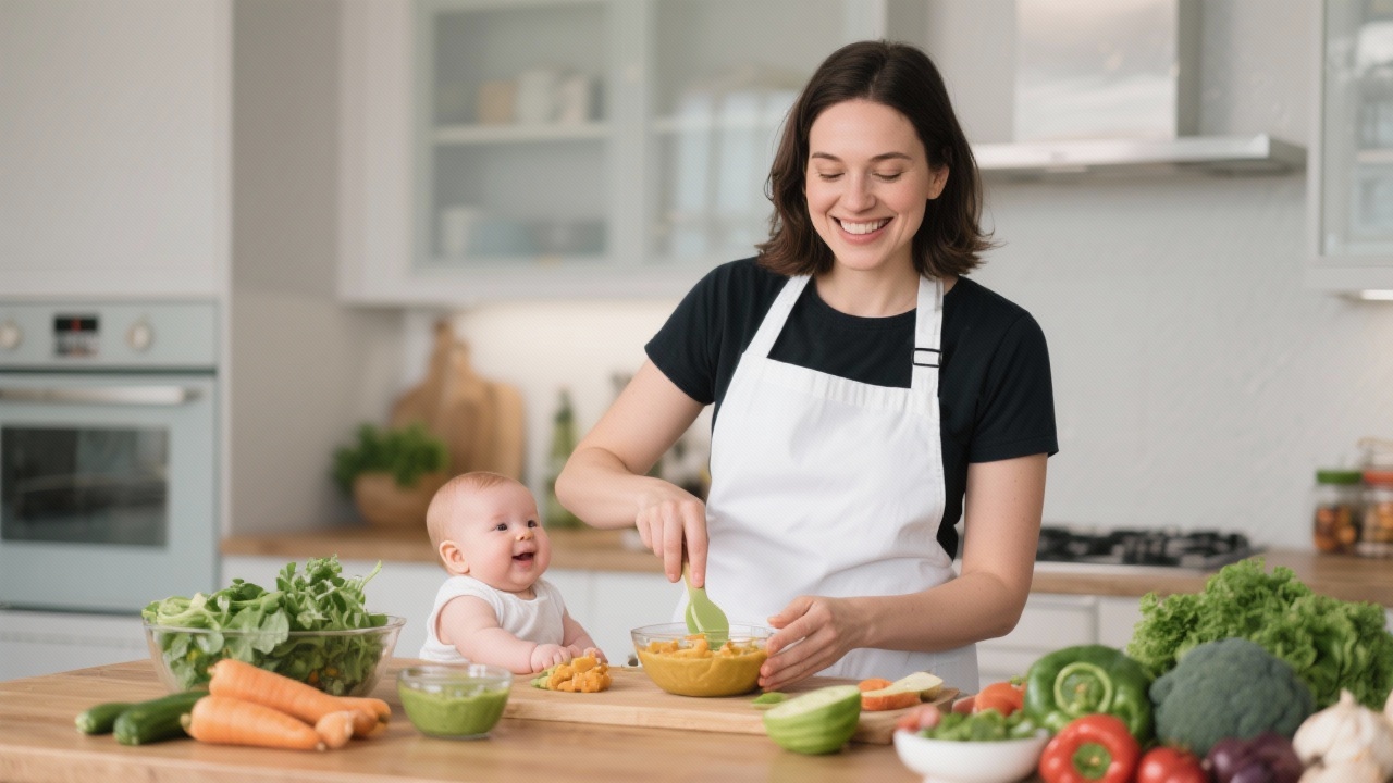 Nutritionist Ria Harman preparing organic baby food in modern kitchen